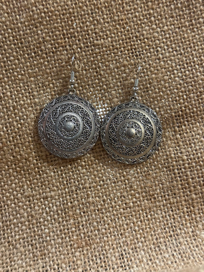 Bohemian Silver-Toned Filigree Medallion Dangle Earrings