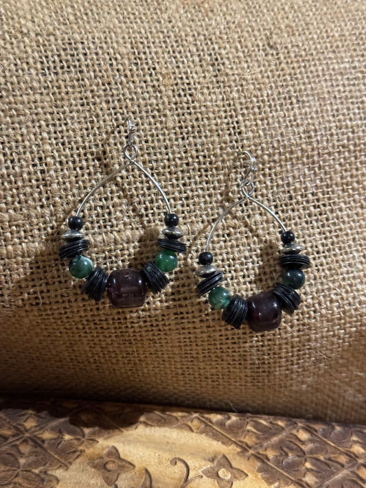 Burgundy and Green Beaded Dangle Hoop Earrings -1.25" diameter