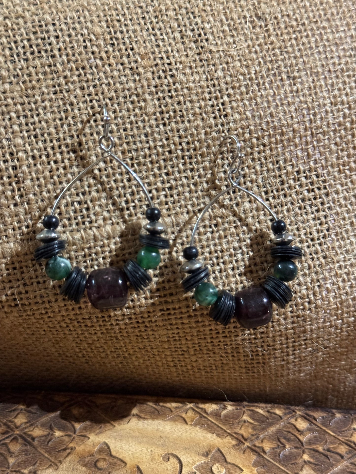 Burgundy and Green Beaded Dangle Hoop Earrings -1.25" diameter