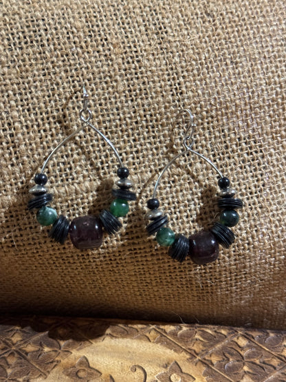 Burgundy and Green Beaded Dangle Hoop Earrings -1.25" diameter