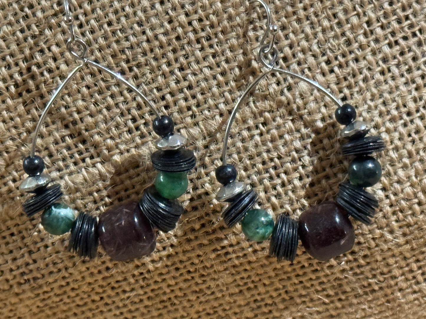 Burgundy and Green Beaded Dangle Hoop Earrings -1.25" diameter