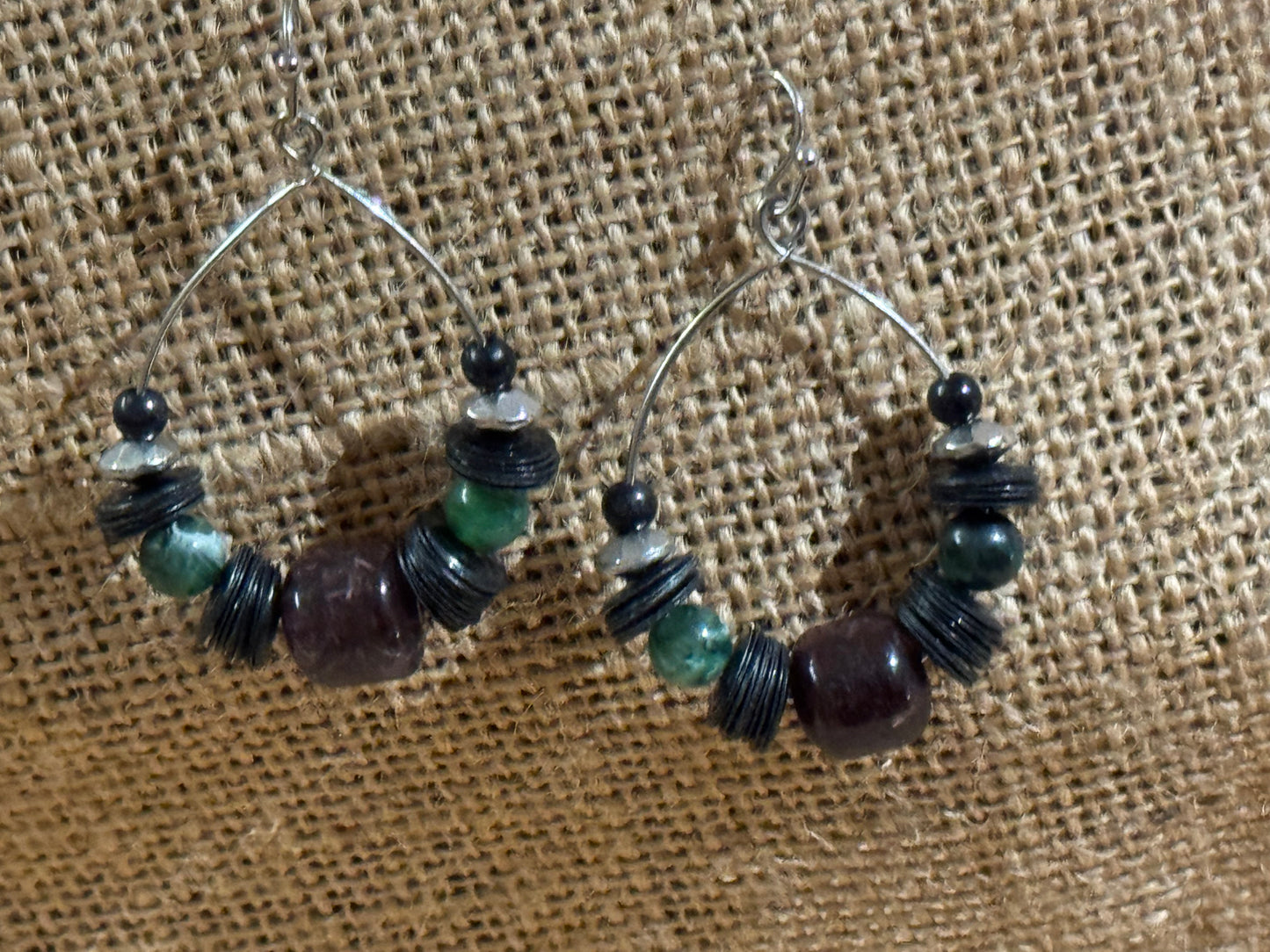 Burgundy and Green Beaded Dangle Hoop Earrings -1.25" diameter