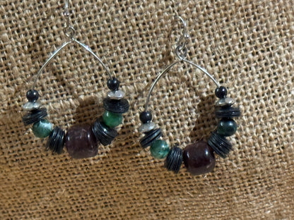 Burgundy and Green Beaded Dangle Hoop Earrings -1.25" diameter