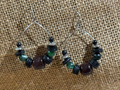 Burgundy and Green Beaded Dangle Hoop Earrings -1.25" diameter
