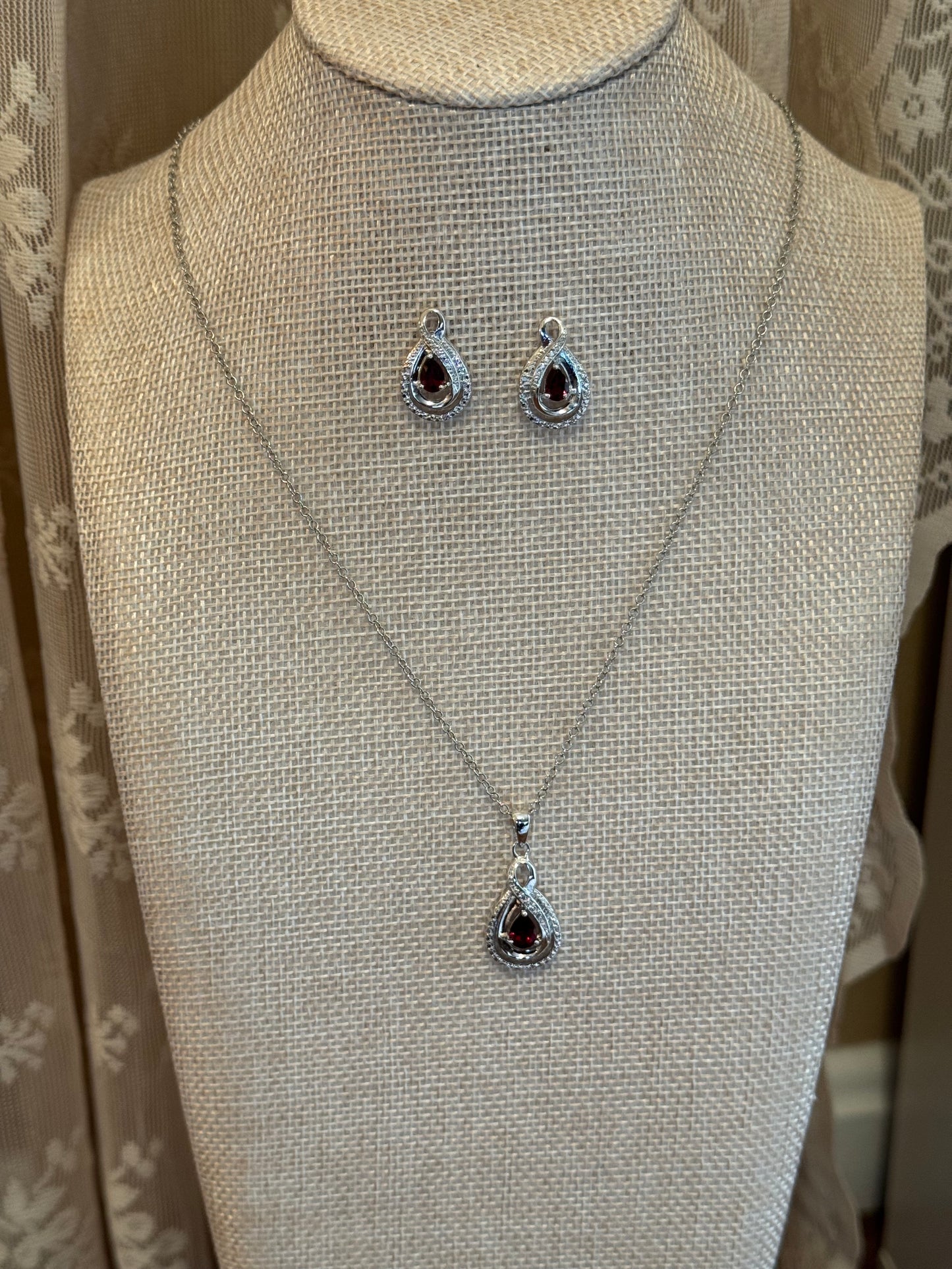 Teardrop Garnet Pendant & Matching Earrings Set – Silver-Toned with Halo CZ Accents