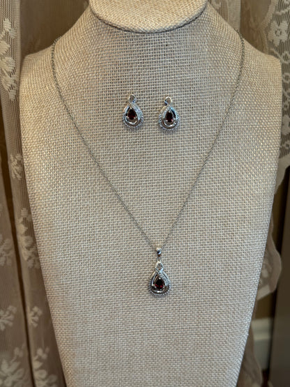 Teardrop Garnet Pendant & Matching Earrings Set – Silver-Toned with Halo CZ Accents