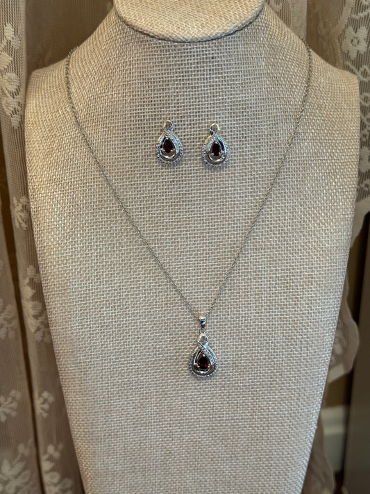Teardrop Garnet Pendant & Matching Earrings Set – Silver-Toned with Halo CZ Accents