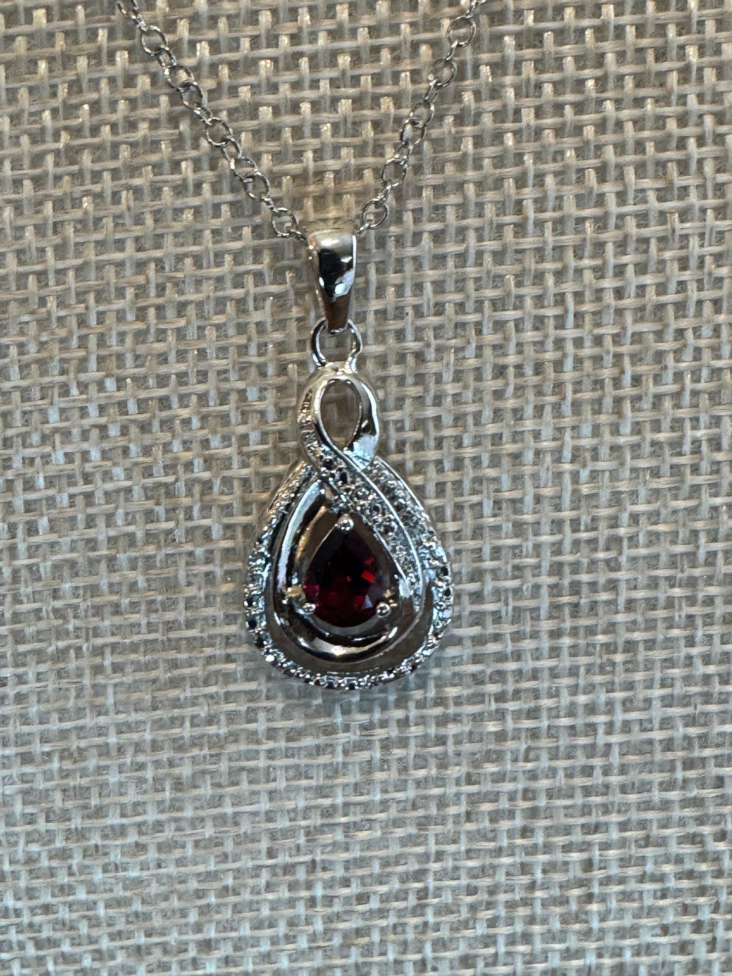 Teardrop Garnet Pendant & Matching Earrings Set – Silver-Toned with Halo CZ Accents