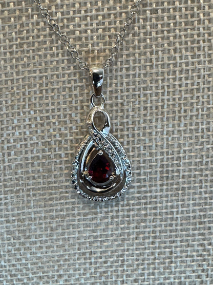 Teardrop Garnet Pendant & Matching Earrings Set – Silver-Toned with Halo CZ Accents