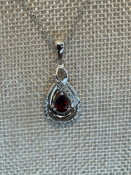 Teardrop Garnet Pendant & Matching Earrings Set – Silver-Toned with Halo CZ Accents