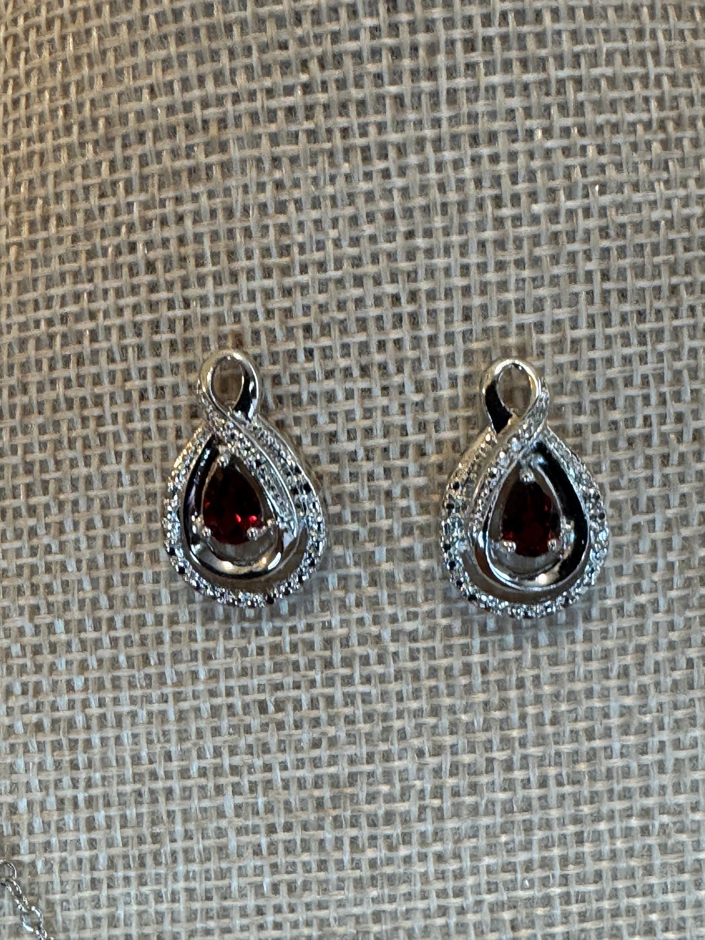 Teardrop Garnet Pendant & Matching Earrings Set – Silver-Toned with Halo CZ Accents