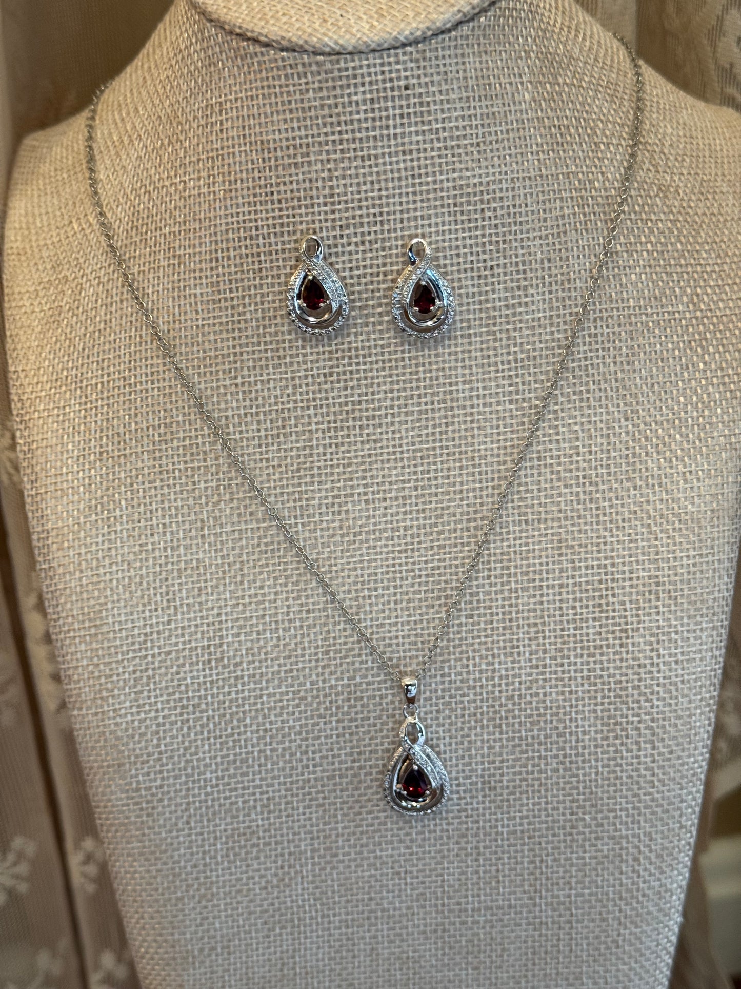 Teardrop Garnet Pendant & Matching Earrings Set – Silver-Toned with Halo CZ Accents