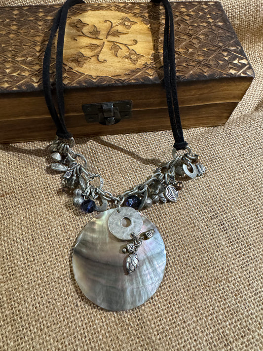 Bohemian Mother-of-Pearl & Silver-Tone Charm Necklace – Eclectic Vintage Style