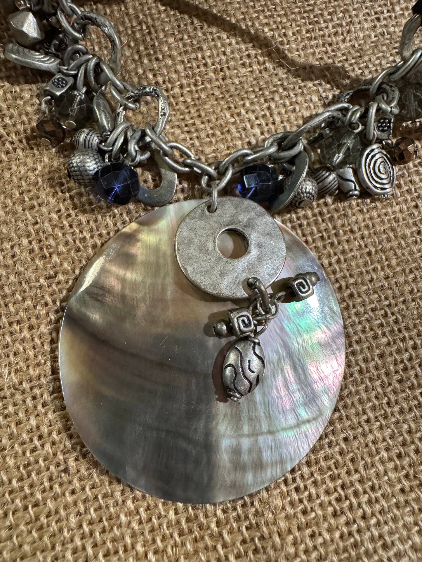 Bohemian Mother-of-Pearl & Silver-Tone Charm Necklace – Eclectic Vintage Style