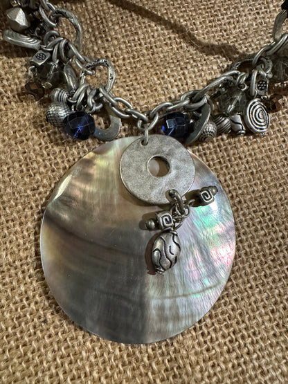 Bohemian Mother-of-Pearl & Silver-Tone Charm Necklace – Eclectic Vintage Style