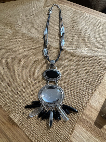 Chico's Multi-Strand Statement Necklace – Black, Silver and Clear Accents