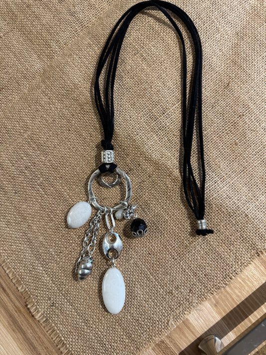 Vintage Black Cord Charm Necklace – Silver-Tone & White Stone Accents
