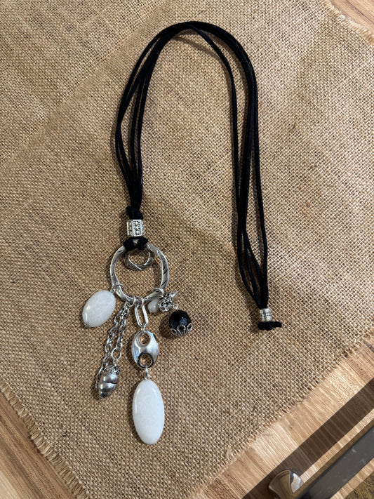 Vintage Black Cord Charm Necklace – Silver-Tone & White Stone Accents