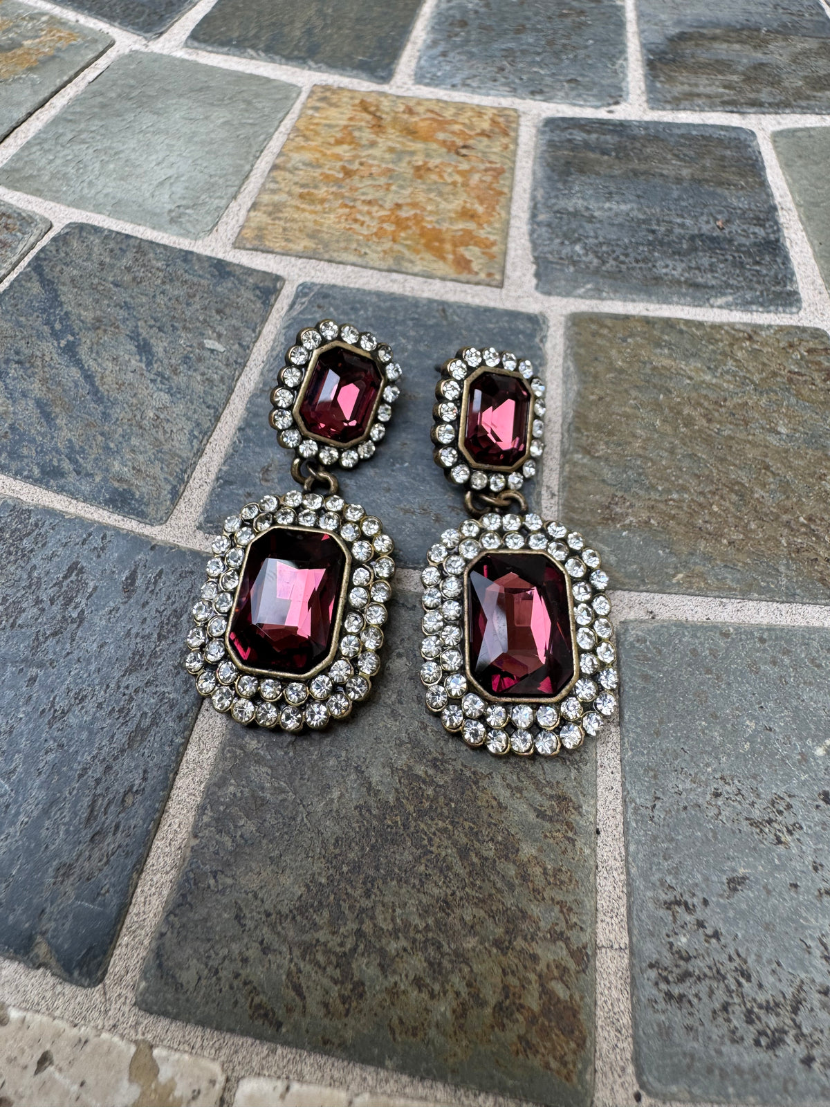 Vintage Plum Crystal Rhinestone Halo Statement Drop Earrings