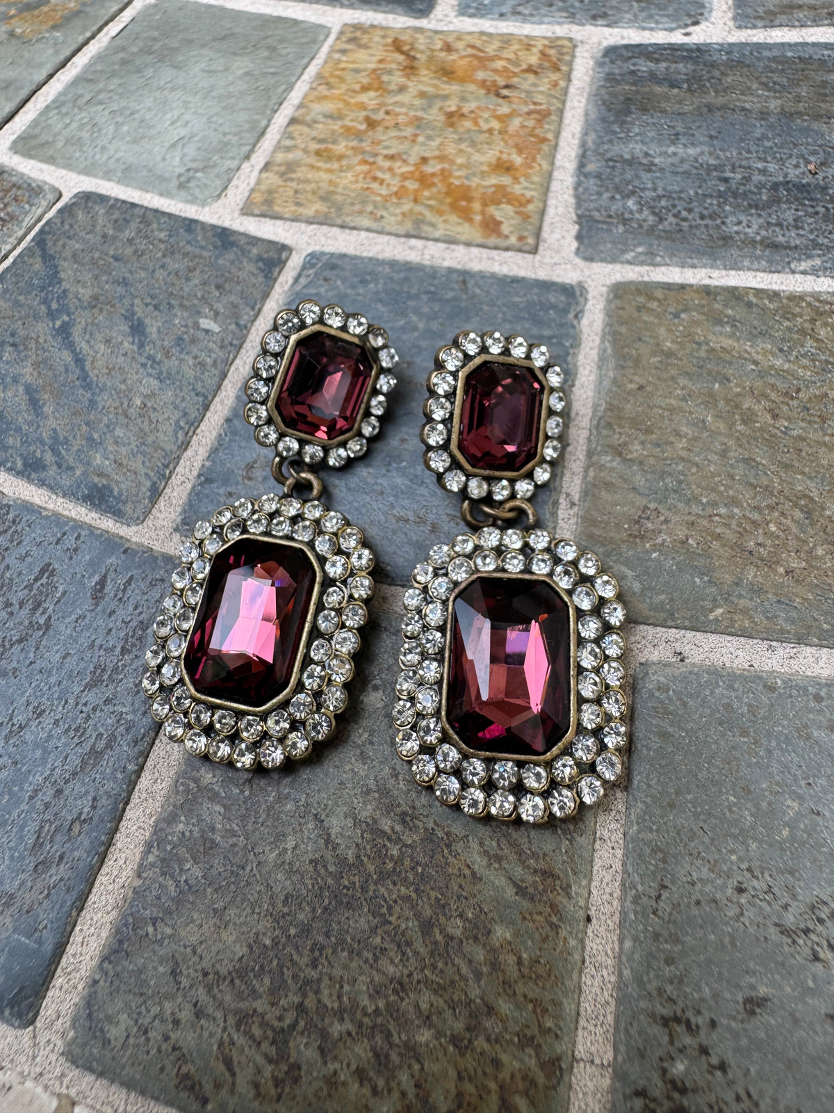 Vintage Plum Crystal Rhinestone Halo Statement Drop Earrings