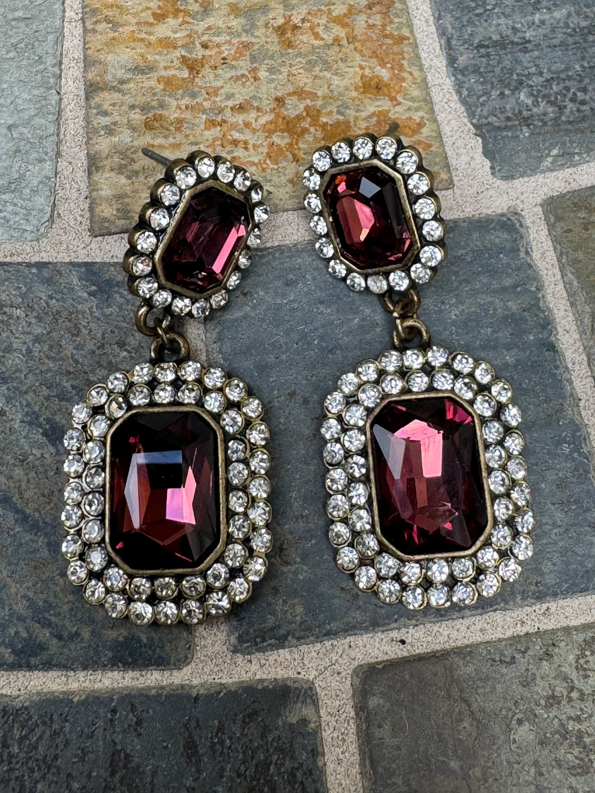 Vintage Plum Crystal Rhinestone Halo Statement Drop Earrings
