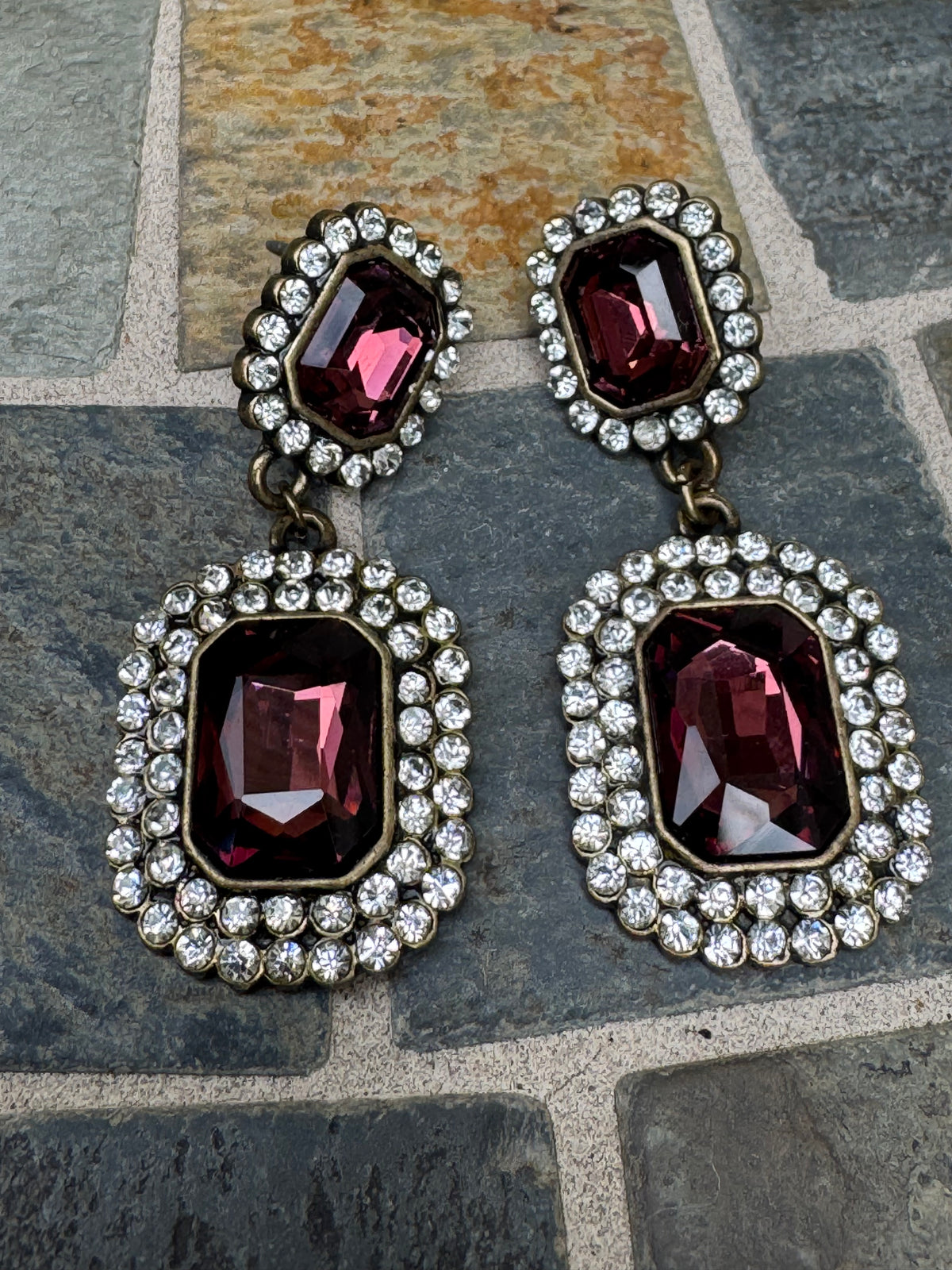 Vintage Plum Crystal Rhinestone Halo Statement Drop Earrings