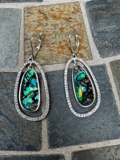 Vintage Iridescent Abalone & Crystal Halo Drop Earrings
