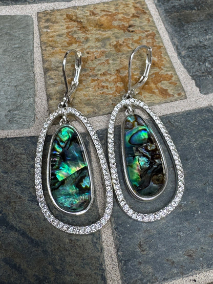 Vintage Iridescent Abalone & Crystal Halo Drop Earrings