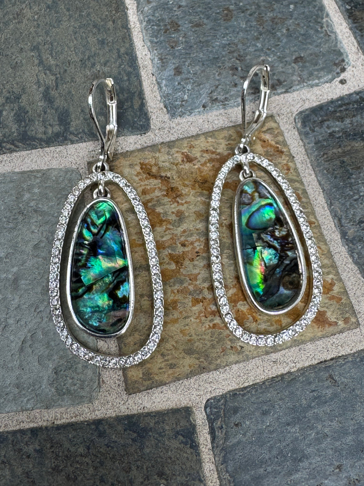 Vintage Iridescent Abalone & Crystal Halo Drop Earrings