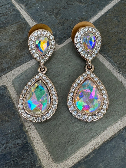 Vintage Signed Monet Aurora Borealis Rhinestone Teardrop Dangle Earrings