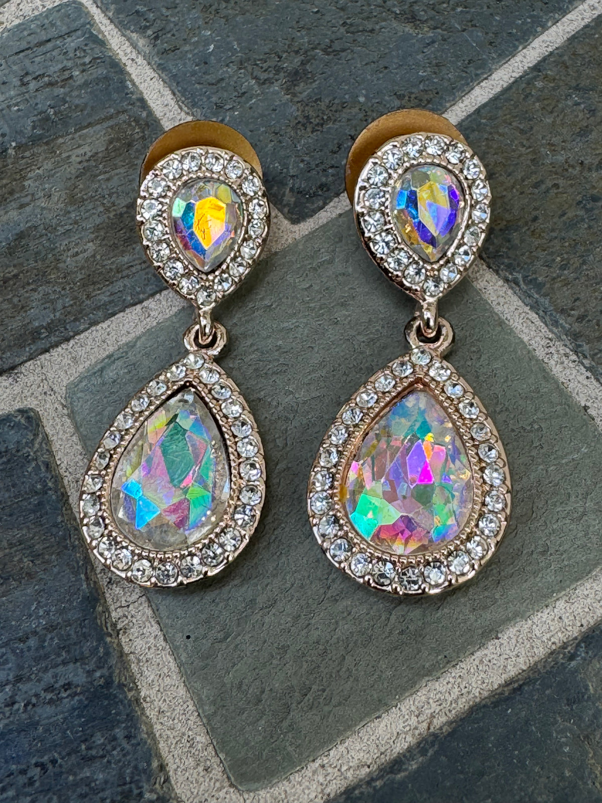 Vintage Signed Monet Aurora Borealis Rhinestone Teardrop Dangle Earrings