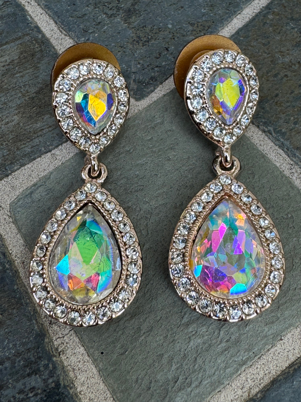 Vintage Signed Monet Aurora Borealis Rhinestone Teardrop Dangle Earrings