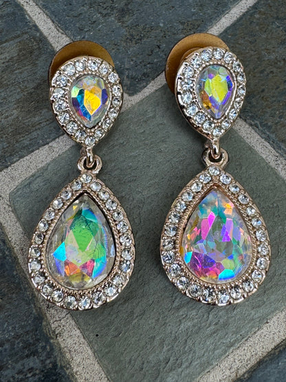 Vintage Signed Monet Aurora Borealis Rhinestone Teardrop Dangle Earrings