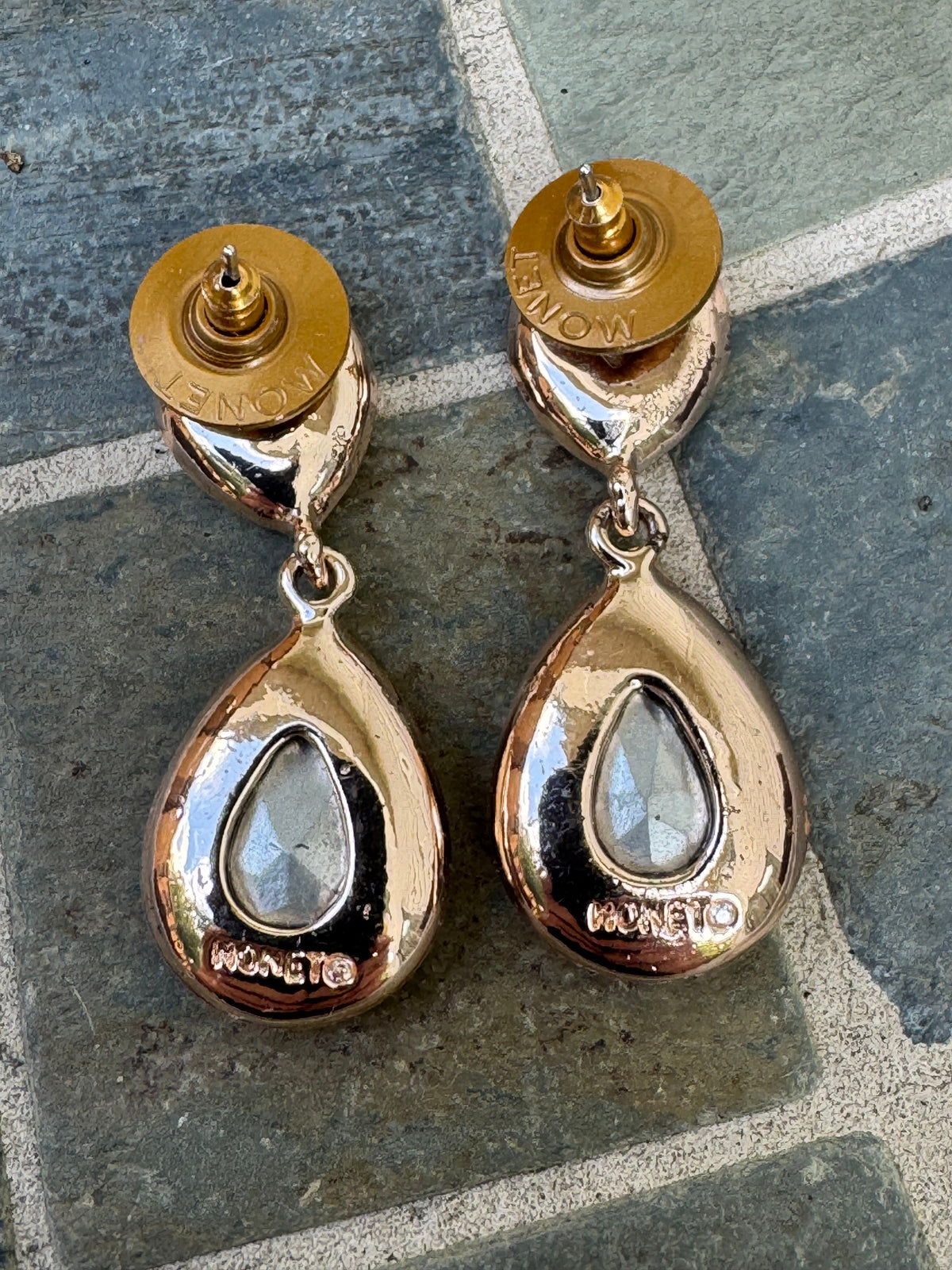 Vintage Signed Monet Aurora Borealis Rhinestone Teardrop Dangle Earrings