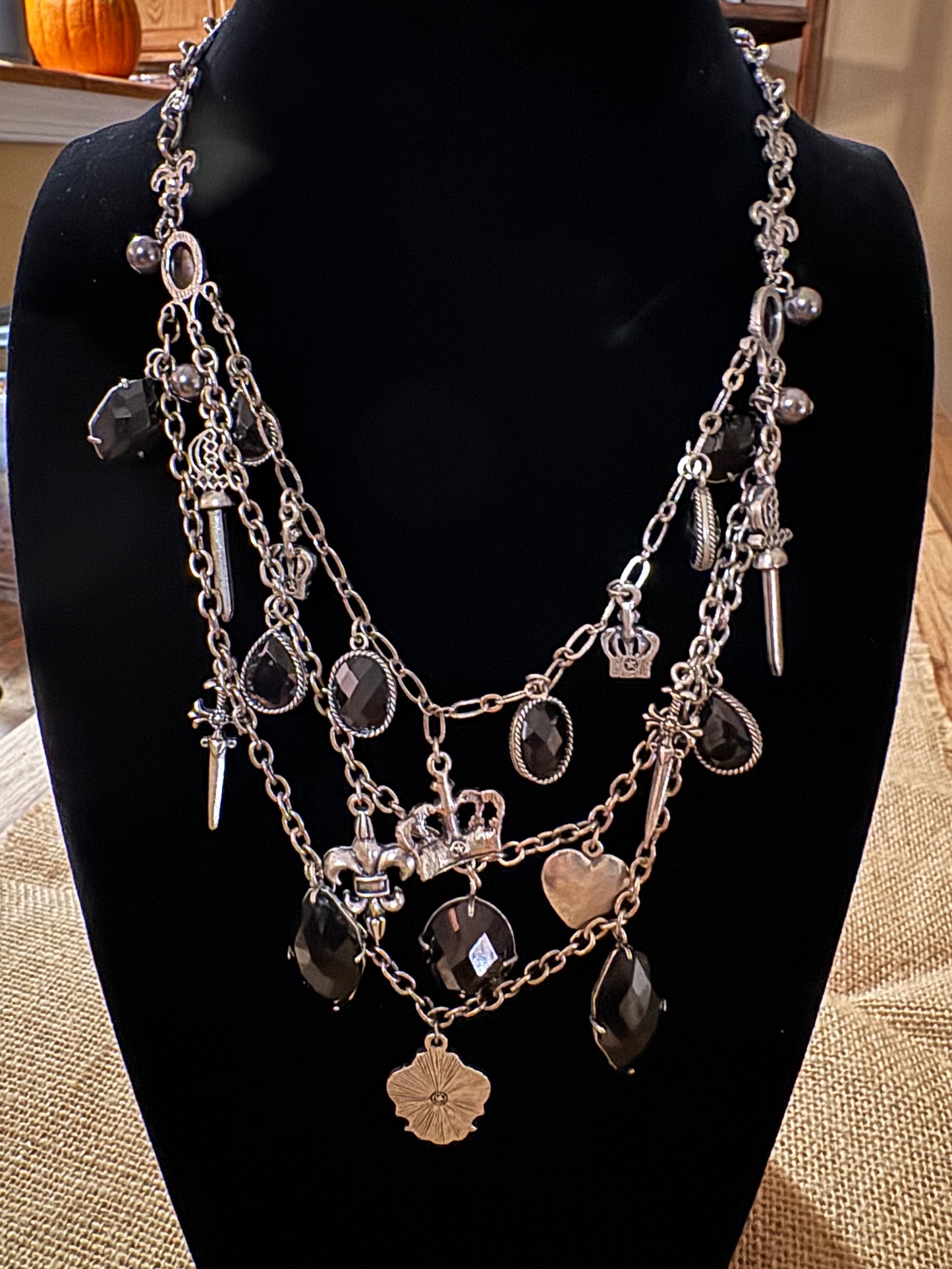 Laila Rowe 18" Multi-Strand Silver-Plated Statement Necklace – Black Stones & Regal Pendants