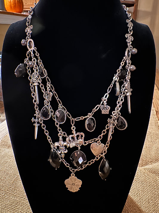 Laila Rowe 18" Multi-Strand Silver-Plated Statement Necklace – Black Stones & Regal Pendants