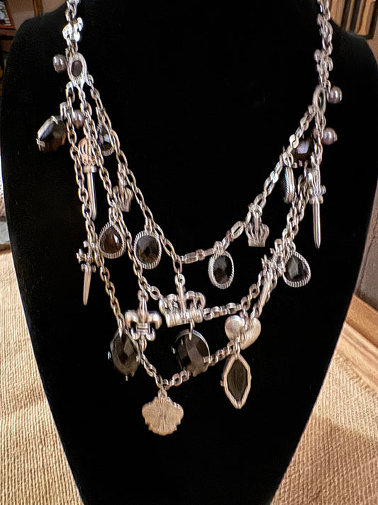 Laila Rowe 18" Multi-Strand Silver-Plated Statement Necklace – Black Stones & Regal Pendants
