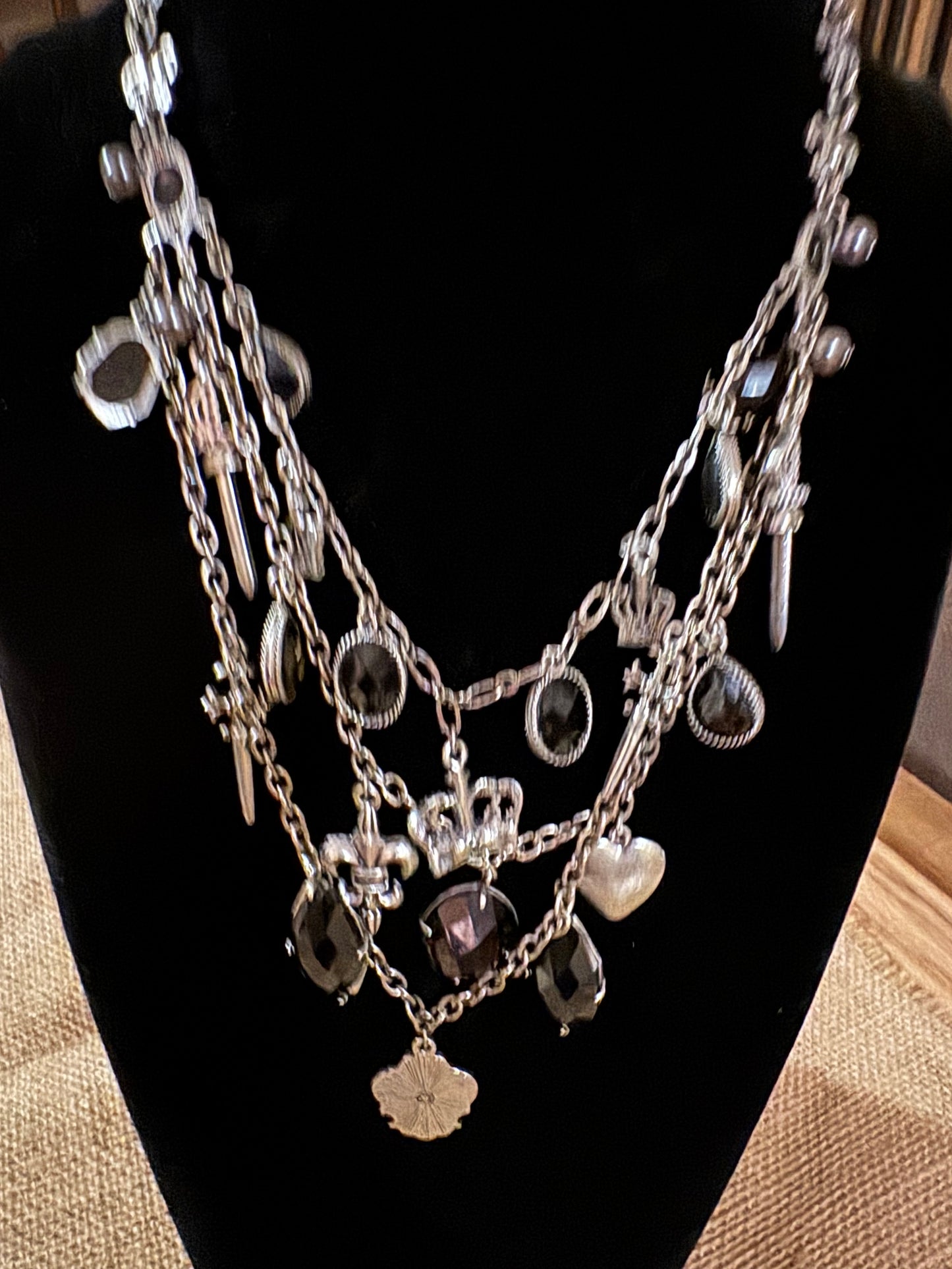 Laila Rowe 18" Multi-Strand Silver-Plated Statement Necklace – Black Stones & Regal Pendants