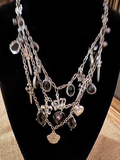 Laila Rowe 18" Multi-Strand Silver-Plated Statement Necklace – Black Stones & Regal Pendants
