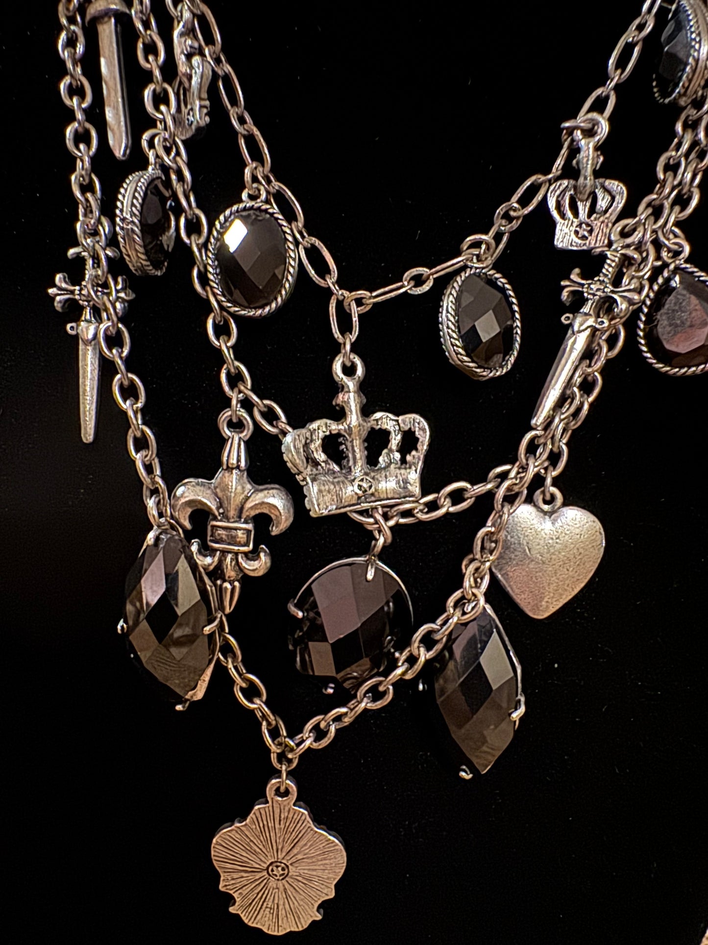 Laila Rowe 18" Multi-Strand Silver-Plated Statement Necklace – Black Stones & Regal Pendants