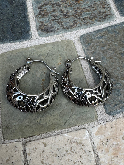 Vintage Filigree Openwork Silver Tone Hoop Earrings
