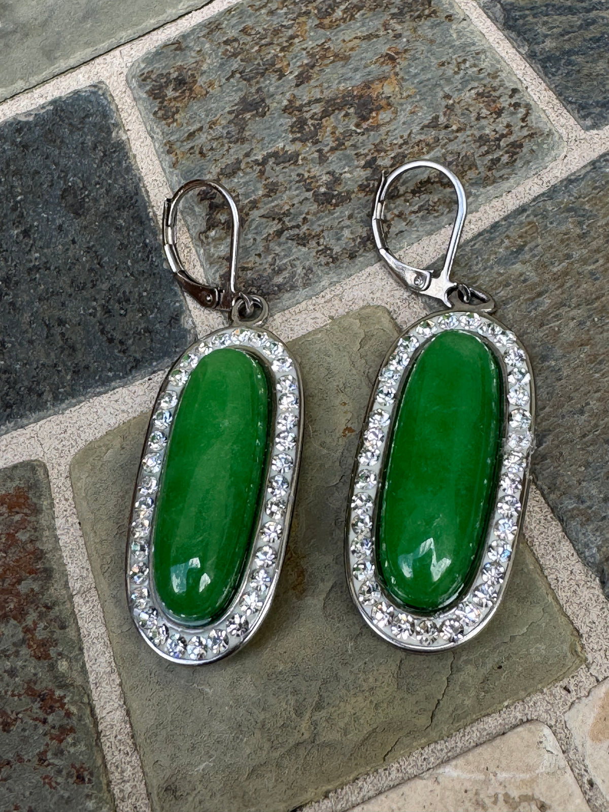 Vintage Art Deco Elegance: Green Stone & Crystal Halo Leverback Earrings