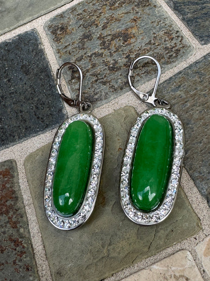 Vintage Art Deco Elegance: Green Stone & Crystal Halo Leverback Earrings