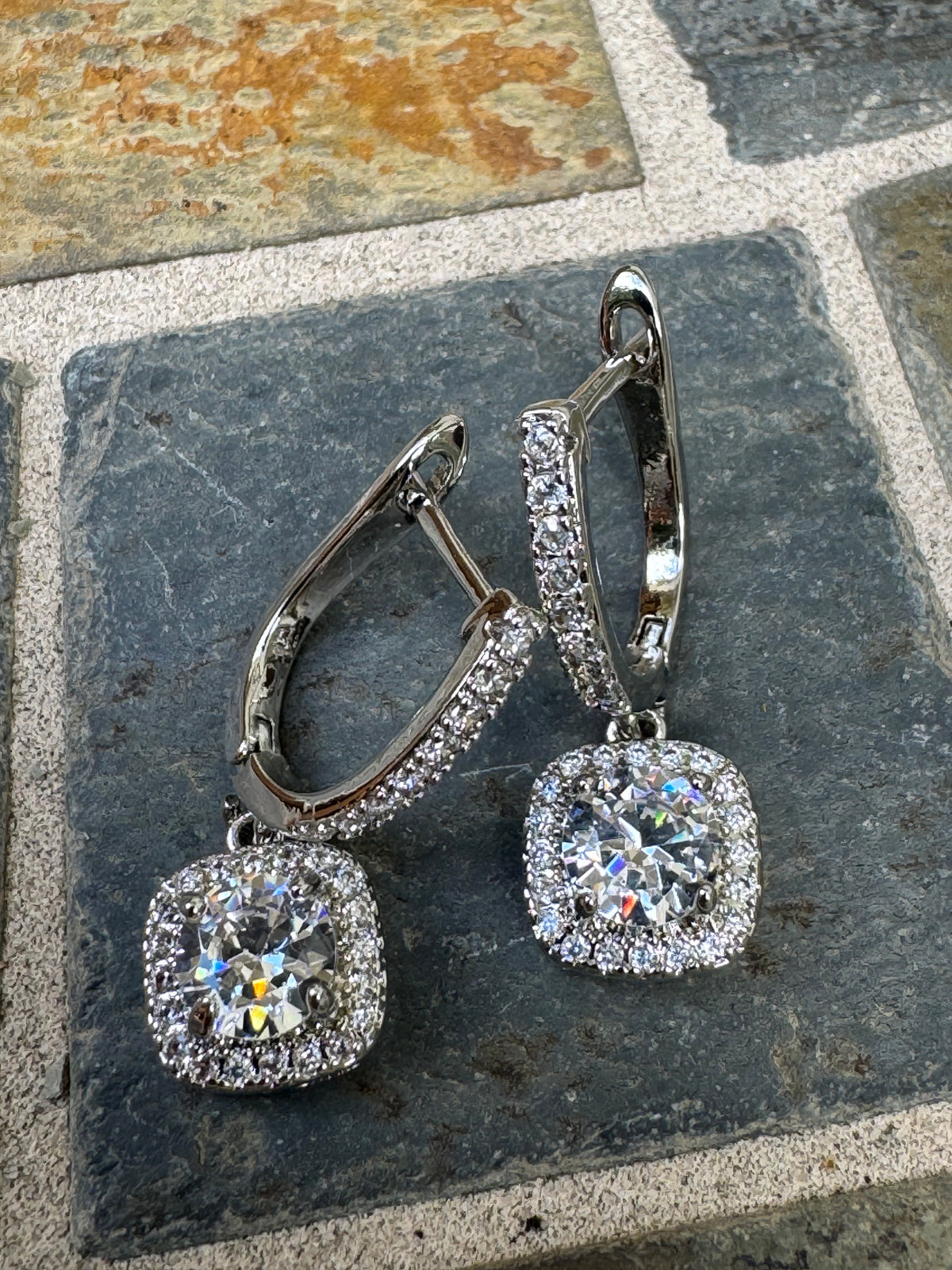 Cushion Halo Drop Earrings in Silver-Tone
