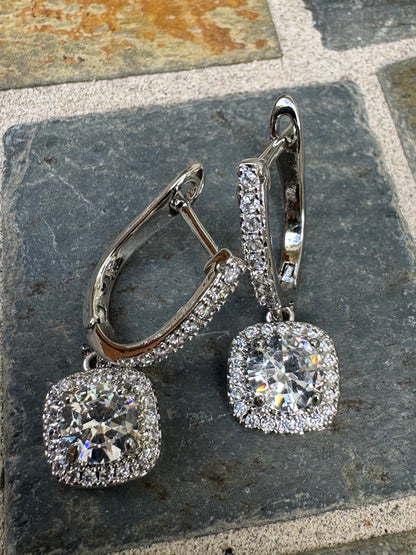 Cushion Halo Drop Earrings in Silver-Tone