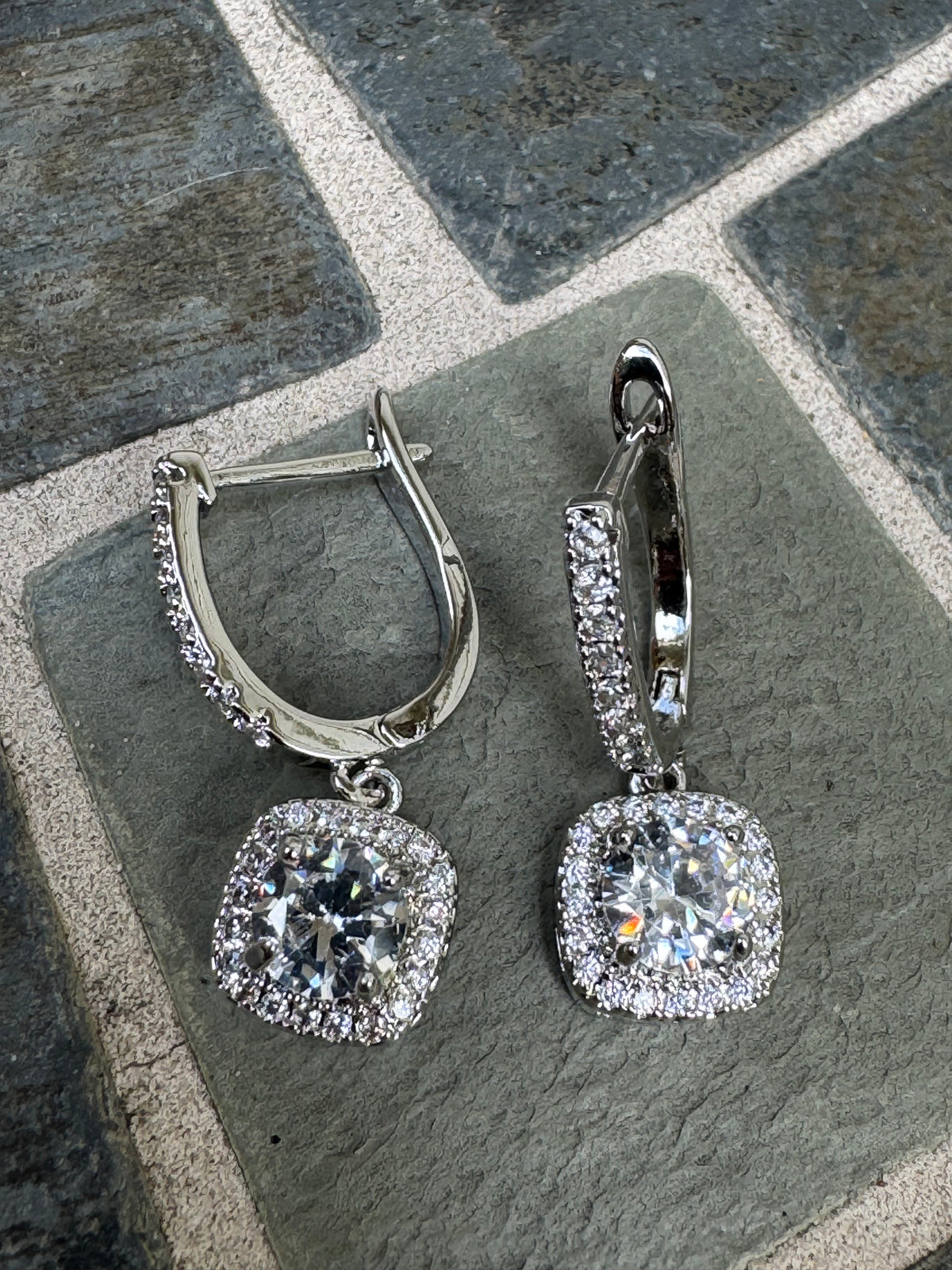 Cushion Halo Drop Earrings in Silver-Tone
