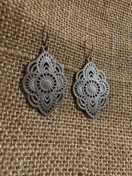 Boho Silver-Toned Filigree Mandala Dangle Earrings