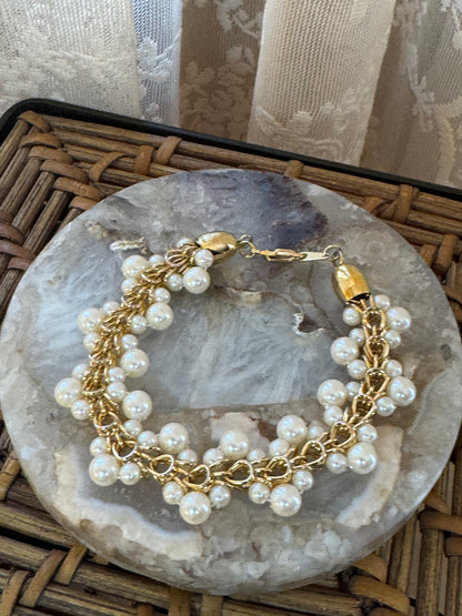 Vintage Gold Tone Multi Strand Faux Pearl Cluster Bracelet, Classic Mid Century Elegance