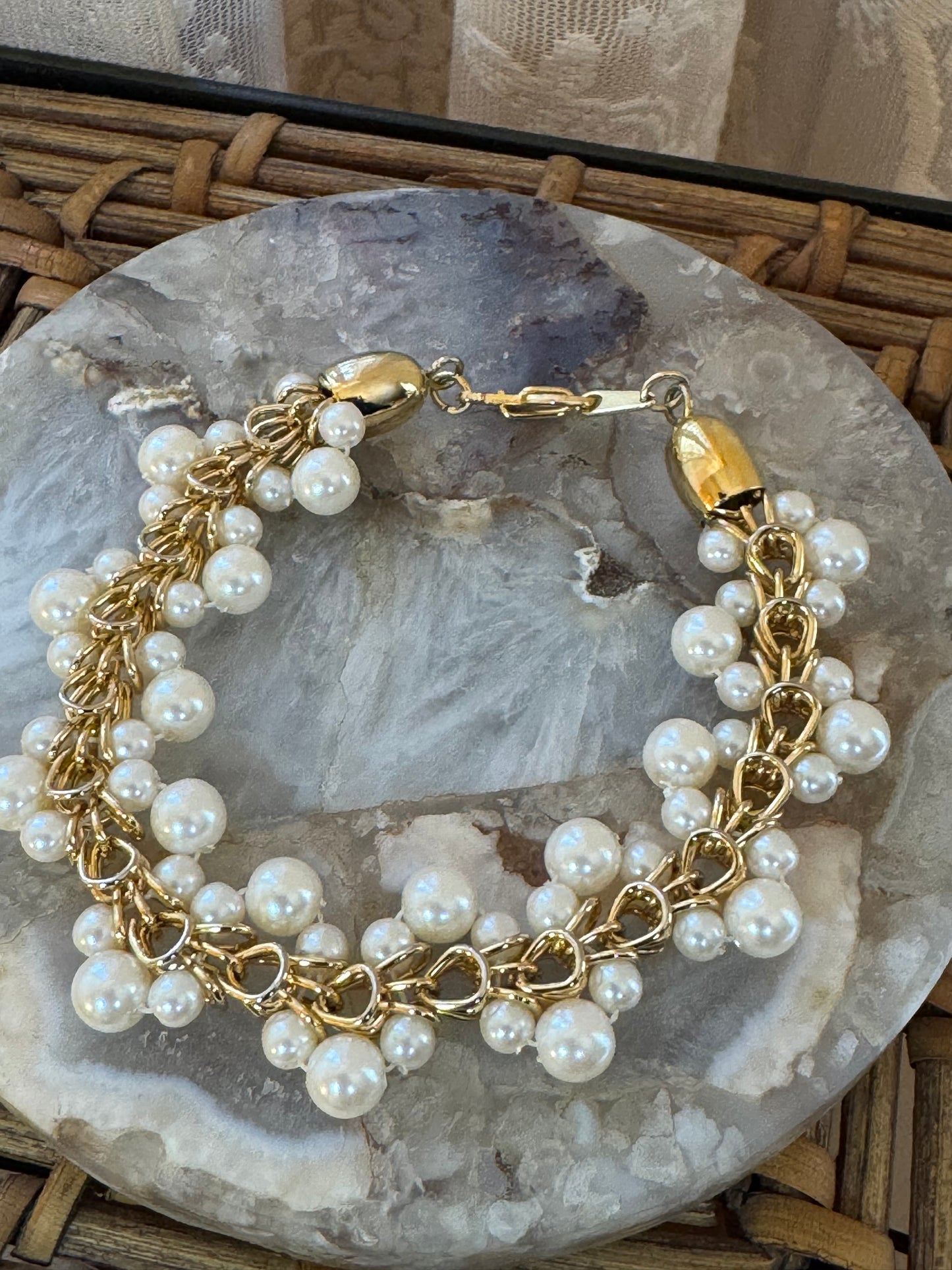 Vintage Gold Tone Multi Strand Faux Pearl Cluster Bracelet, Classic Mid Century Elegance