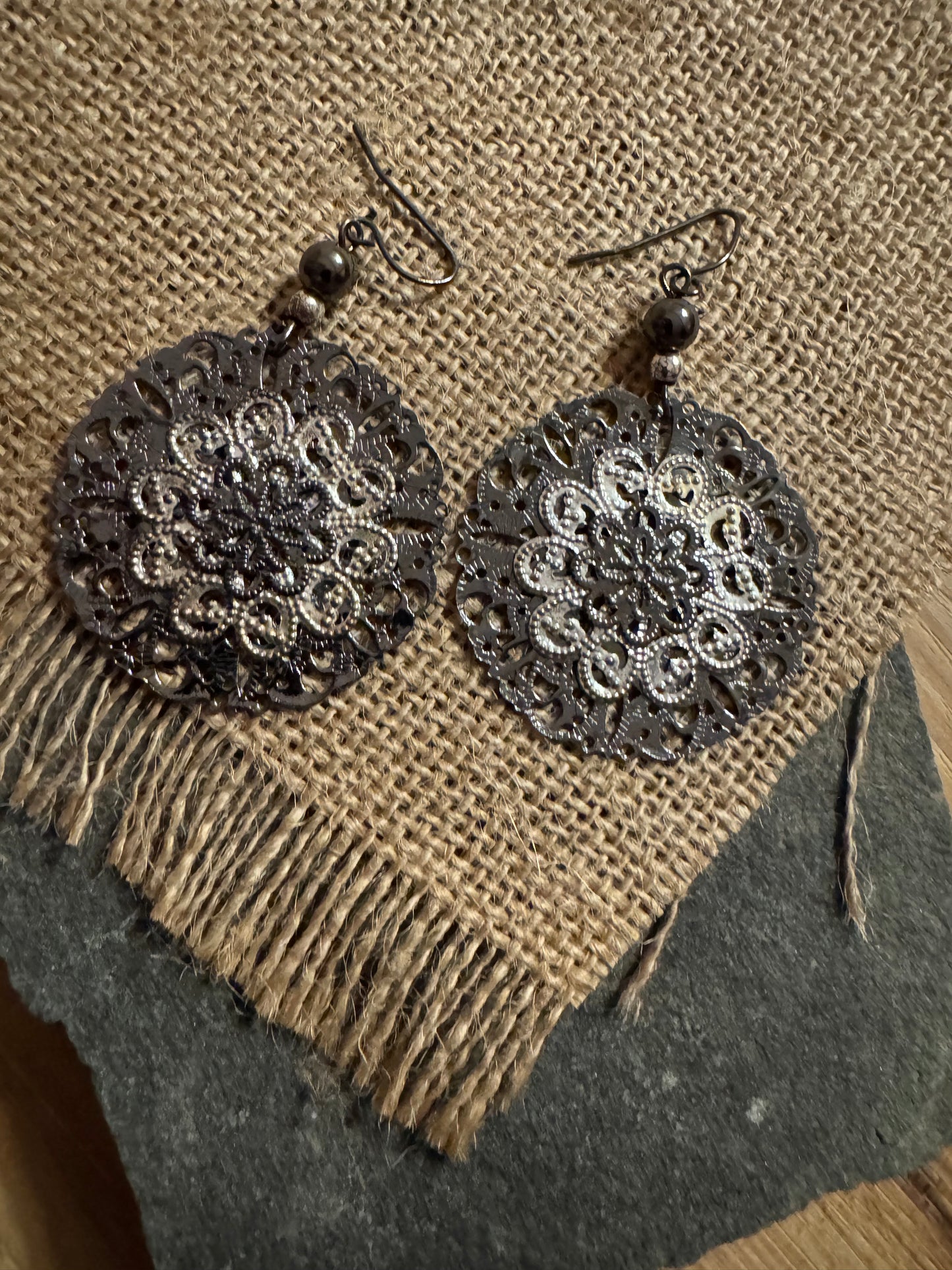 Bohemian Filigree Mandala Dangle Earrings Black & Silver Contrast